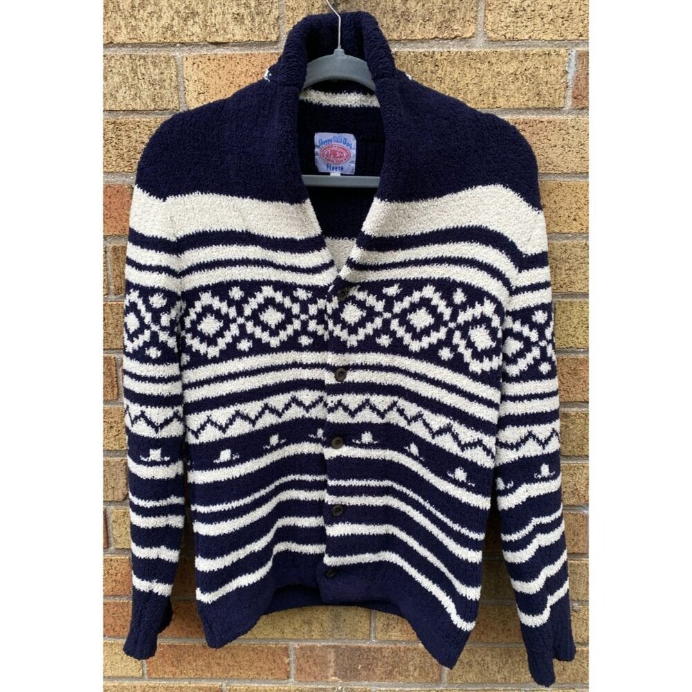 Vintage J Press Shaggy Dog Shetland Fleece Knit Sweater Aztec Pattern Button Up